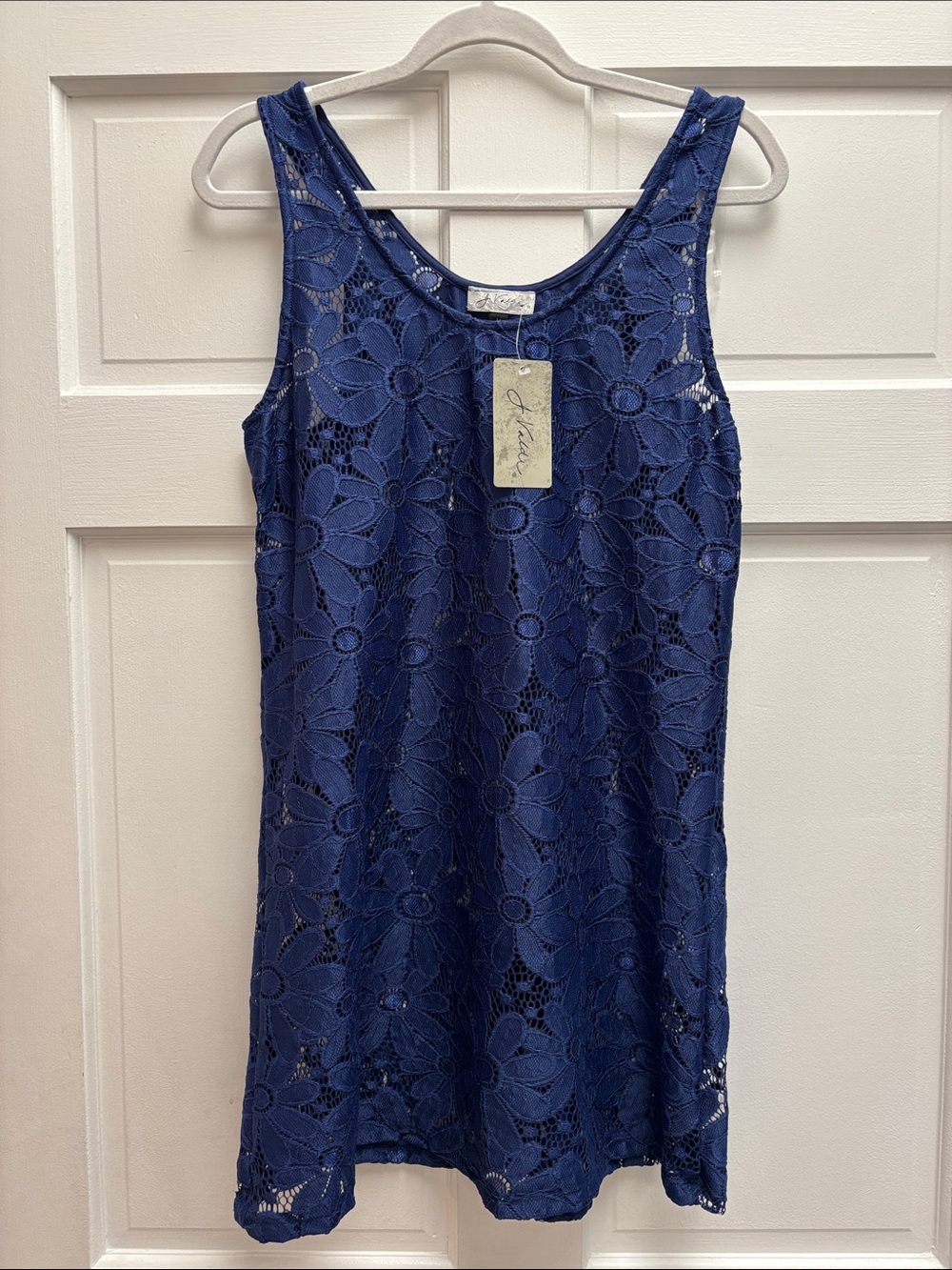 NEW J. Valdi Floral Crochet Scoop Neck Tank Dress Swim Coverup 27515 Navy Blue